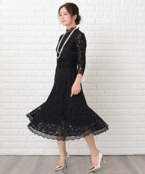 Lace Ladies ドレス 花柄総レースミモレ丈フレアワンピース