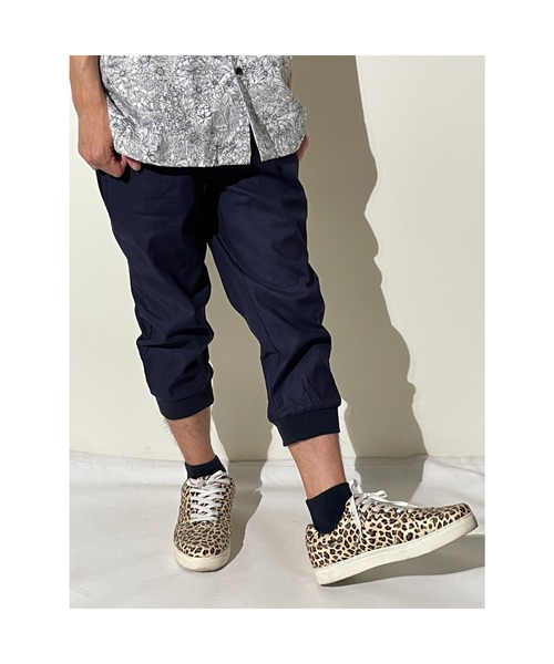 おしゃれスタ パンツ 綿麻ストレッチ裾リブクロップドジョガー