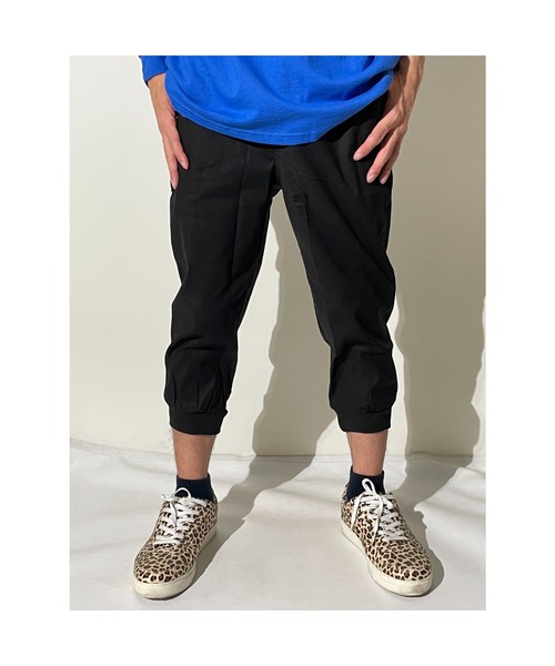 おしゃれスタ パンツ 綿麻ストレッチ裾リブクロップドジョガー