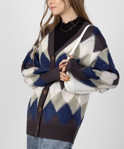 NAVY カーディガン アーガイル柄 ニットカーディガン レディース