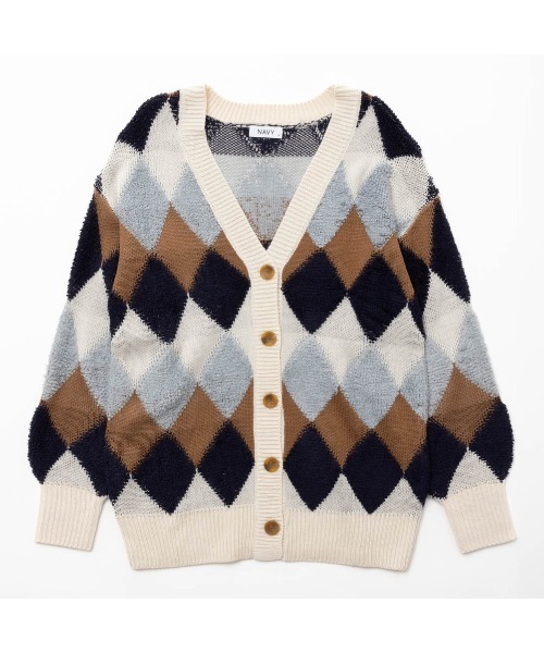 新品未使用　イエナアーガエル柄 カーディガン NAVY カーディガン アーガイル柄 ニットカーディガン レディース