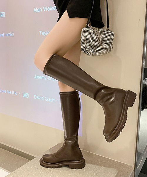 ブーツ PU厚底 フェイクレザー ジップロングブーツ レディース