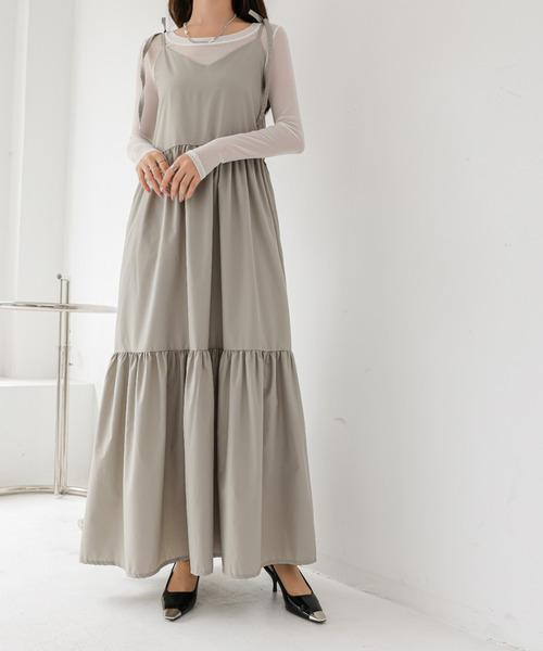 【2色】ティアード☆ワンピース ドット キャミ Vネック ミモレ ワンピース ティアードキャミワンピース : ZOZOTOWN Yahoo!店