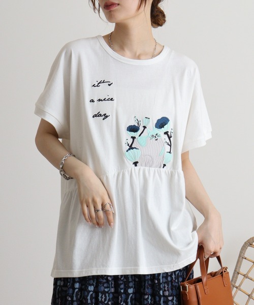 Emago tシャツ EMAGO ねこ刺繍切替えギャザーTシャツ レディース