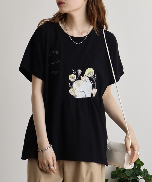 Emago tシャツ EMAGO ねこ刺繍切替えギャザーTシャツ レディース