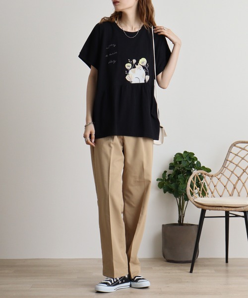 Emago（イマゴ） tシャツ ねこ刺繍切替えギャザーTシャツ レディース 