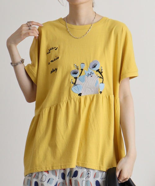 Emago（イマゴ） tシャツ ねこ刺繍切替えギャザーTシャツ レディース 