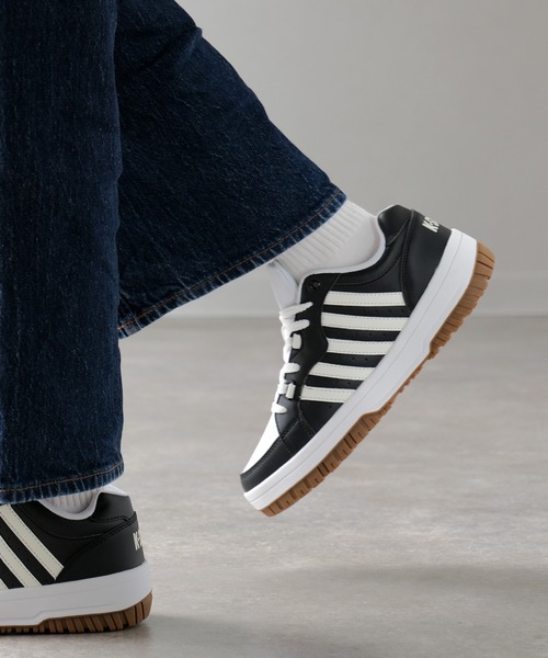 美品 26㎝◎K-SWISS レザースニーカー ブラック レインボーライン stitch line leather sneaker / ステッチライン レザー