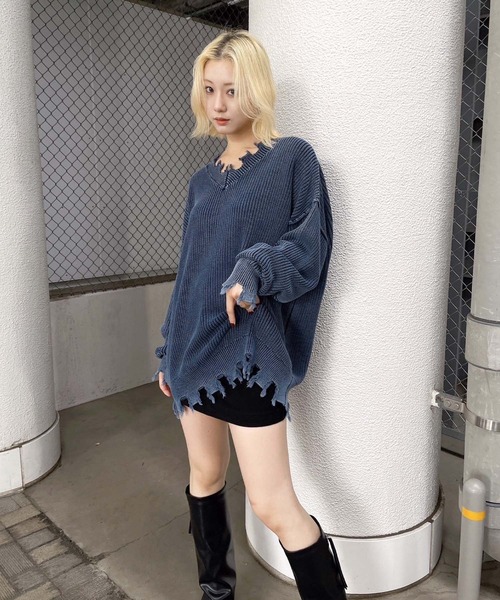 ENVYM ニット ピグメントダメージニット レディース : ZOZOTOWN Yahoo  