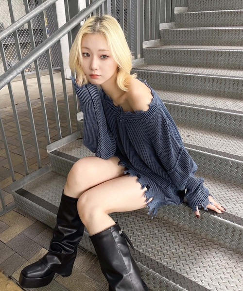 ニット セーター ピグメントダメージニット レディース ENVYM ニット セーター ピグメントダメージニット レディース