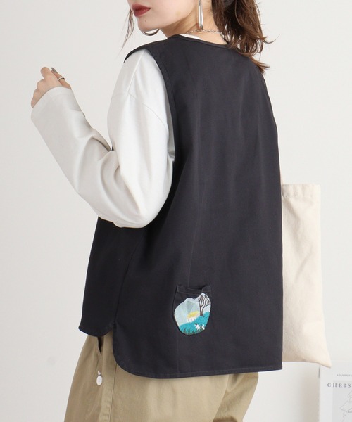 ベスト ジレ EMAGO 丘の上刺繍ベスト レディース Emago ベスト ジレ EMAGO 丘の上刺繍ベスト レディース