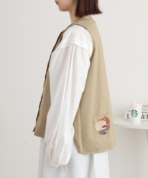 Emago ベスト ジレ EMAGO 丘の上刺繍ベスト レディース