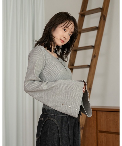 mideal ニット button design flare sleeve rib kint / ボタン