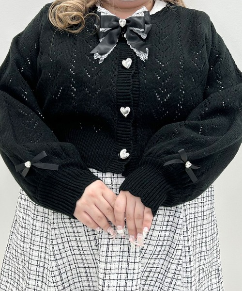 カーディガン キラキラハート編み柄ショートカーディガン レディース