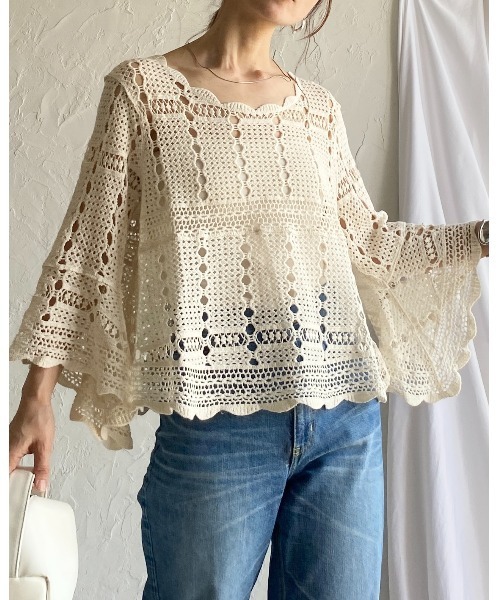 She's Closet ニット セーター 綿100%半端袖かぎ針クロシェ編み