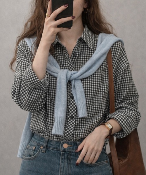 cammie ブラウス シャツ 9分袖ガングラブチェックシャツ レディース