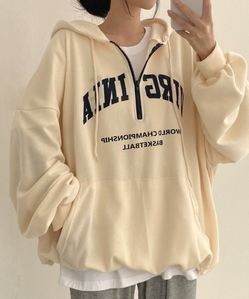 パーカー フロントロゴ ハーフジップ フーディー レディース