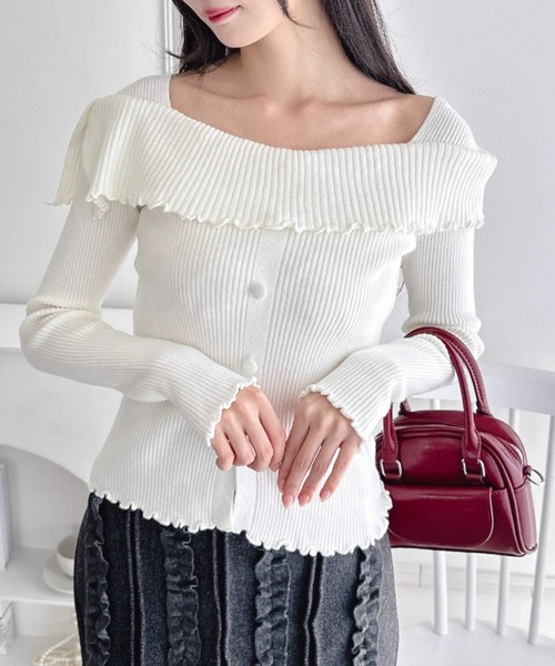 Loueme ニット セーター 「5色展開」フロントボタンオフショル風ニット