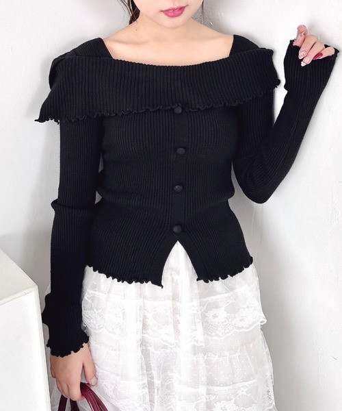 Loueme ニット セーター 「5色展開」フロントボタンオフショル風ニット