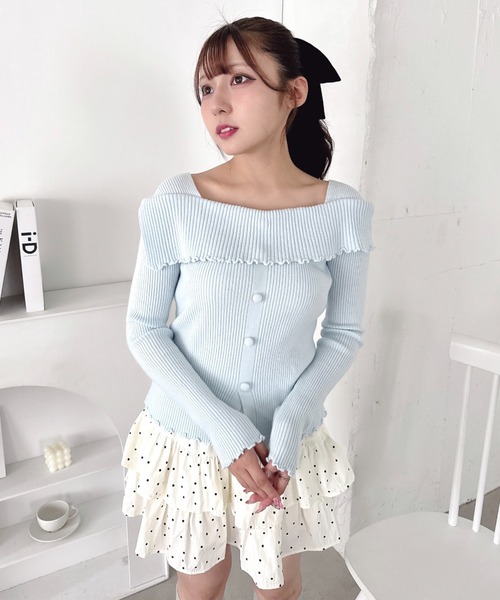Loueme ニット セーター 「5色展開」フロントボタンオフショル風ニット