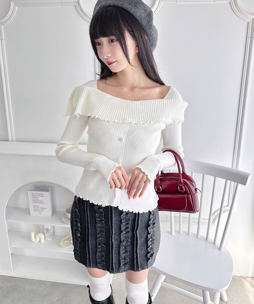 Loueme ニット セーター 「5色展開」フロントボタンオフショル風ニット