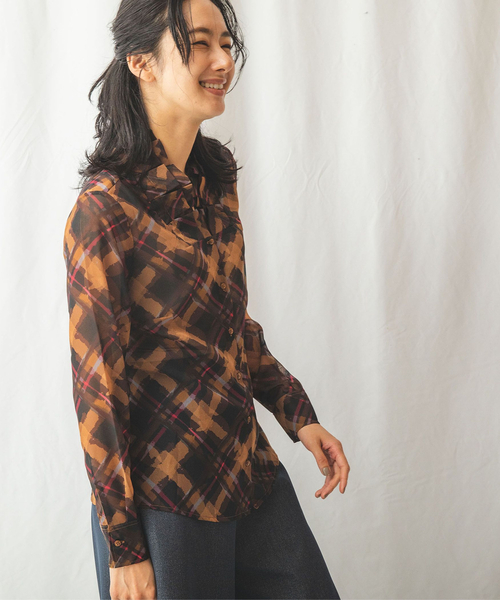 ブラウス シャツ 2重タック衿チェック柄シフォンブラウス レディース NARACAMICIE ブラウス シャツ 2重タック衿チェック柄シフォン