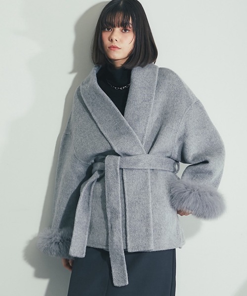 SMILE ORCHIDフォックスファー付きスタンドカラーウール混コート Filomo [10%オフクーポン]カシミヤ ブレンド ウール コート
