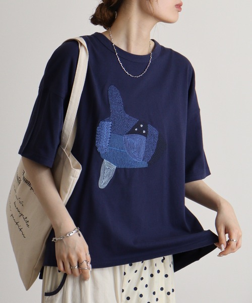 tシャツ EMAGO チェックプリント刺繍Ｔ レディース Emago tシャツ EMAGO フラミンゴ刺繍フレア半袖Tシャツ