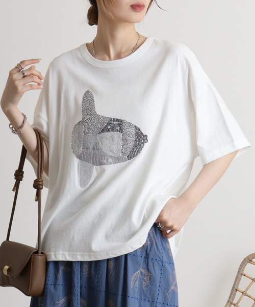 tシャツ EMAGO チェックプリント刺繍Ｔ レディース Emago tシャツ EMAGO スマイル刺繍Tシャツ レディース