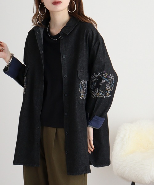 45RPM藍カディ刺繍 藍染 インディゴ カットソー 長袖 チュニック 総柄 Emago（イマゴ） ブラウス シャツ リース刺繍チュニックシャツ