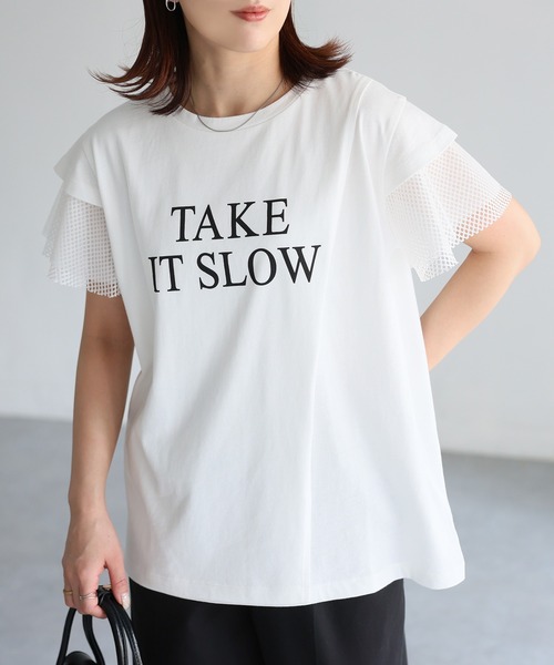 Riberry tシャツ 袖メッシュ切替デザインロゴTシャツ レディース