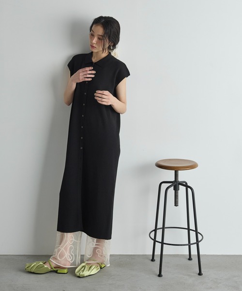 THE Yon ワンピース フレンチスリーブポロリブニットワンピース