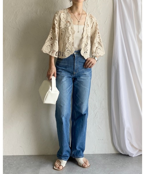 She's Closet カーディガン 綿100%長袖ショート丈かぎ針クロシェ