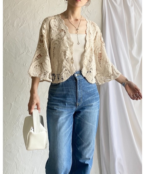 She's Closet カーディガン 半端袖 ショート丈 Vネック かぎ針