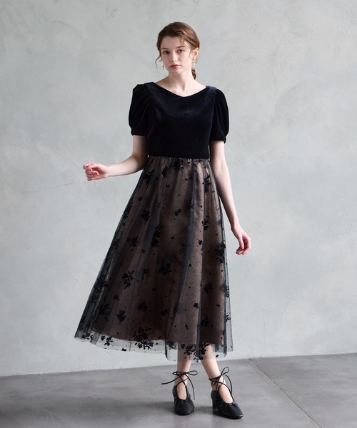 AIMER（エメ） ドレス ベロアVネックラメフロッキーチュールギャザー