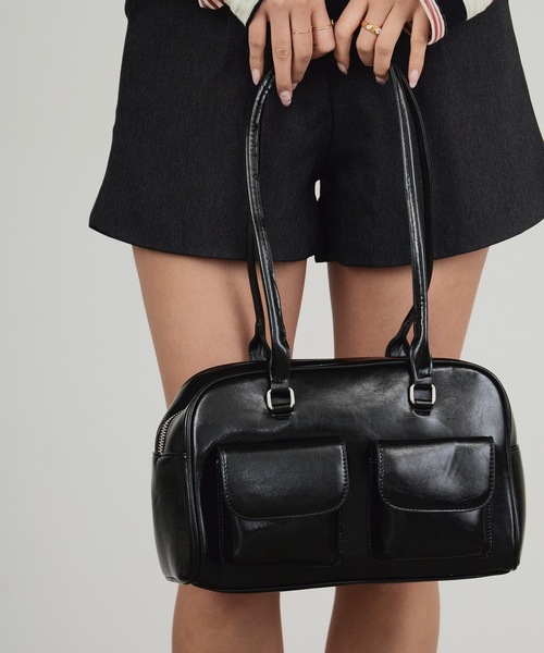 ブラック ショルダーバッグ 2ポケット AO2 ショルダーバッグ バッグ Faux Leather 2-Way Shoulder Bag