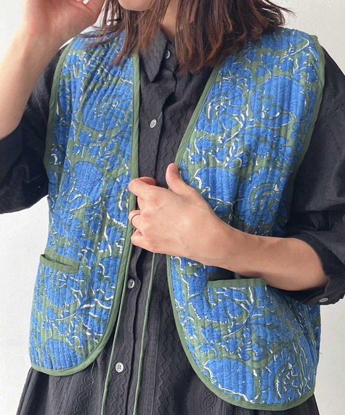 AS KNOW AS（アズノゥアズ） ベスト ジレ ブロックプリント