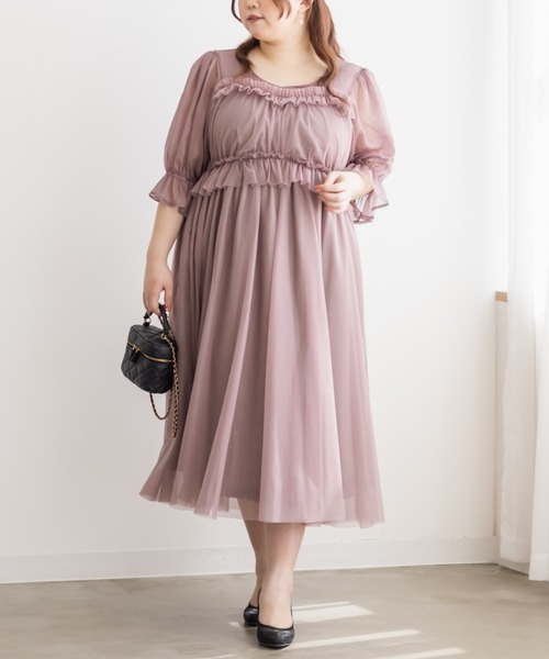 フリルデザインチュールワンピースドレス クレット CLETTE CLETTE（クレット） 7分袖ワンピース 3L チャコールグレー レディース