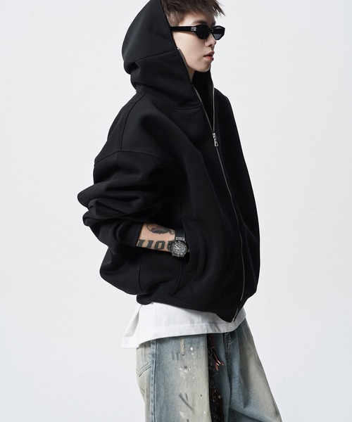 【美品】ブルゾン、ジョニーウルフ、パーカー付き、黒、ダブルジッパー、秋冬、春 JOHNNY WOLF（ジョニーウルフ） パーカー DELLING ダンボール